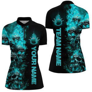 Custom Blue Flame Skull Bowling Shirts For Women, Halloween Bowling Outfit For Bowling Team IPHW7170