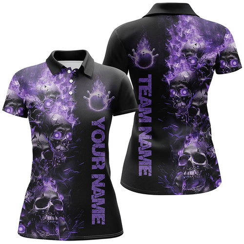 Custom Purple Flame Skull Ladies Bowling Shirts, Halloween Bowling Outfits For Bowling Team IPHW7171