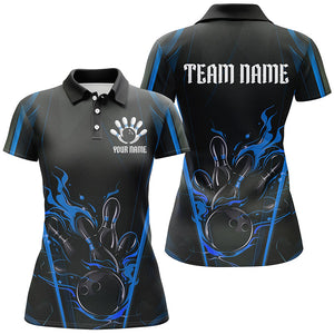 Black And Blue Flame Custom Bowling Shirts For Women, Bowling League Shirt Team Jerseys IPHW7175