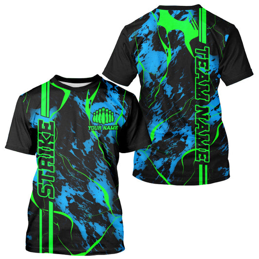 Black, Green And Blue Strike Bowling T-Shirts Shirts, Custom Mens Bowling Team Jerseys IPHW5263
