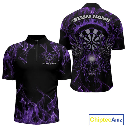 Custom Purple Flame Skull With Wings Dart Quarter-Zip Shirt For Men, Halloween Dart Outfit IPHW10043