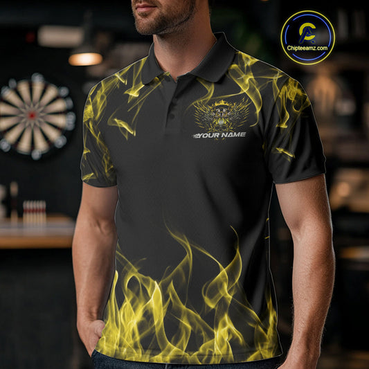 Custom Yellow Flame Skull With Wings Dart Polo Shirt For Men, Halloween Dart Outfit IPHW10045
