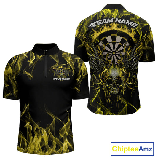 Custom Yellow Flame Skull With Wings Dart Quarter-Zip Shirt For Men, Halloween Dart Outfit IPHW10045