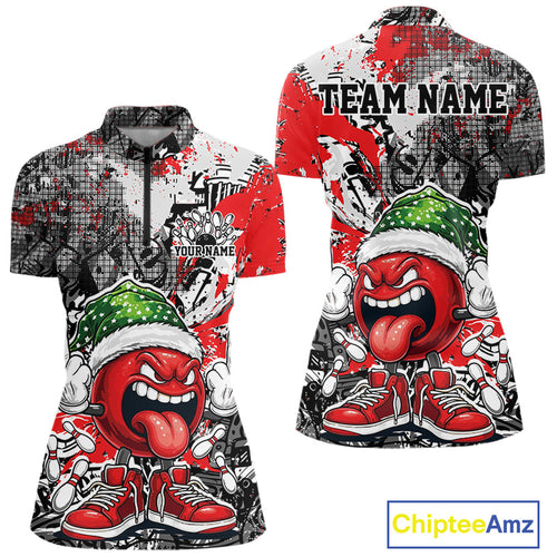 Custom Funny Christmas Bowling Women Quarter-Zip Shirts, Crazy Bowling Ball Xmas Outfit IPHW10129