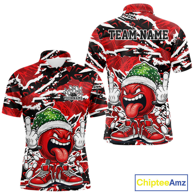 Custom Funny Christmas Bowling Men Polo Shirts, Crazy Bowling Ball Xmas Outfit IPHW10131