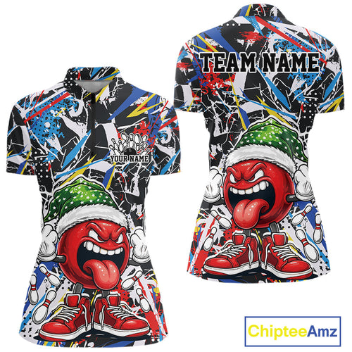 Custom Funny Colorful Christmas Bowling Women Quarter-Zip Shirts, Crazy Ball Xmas Outfit IPHW10133