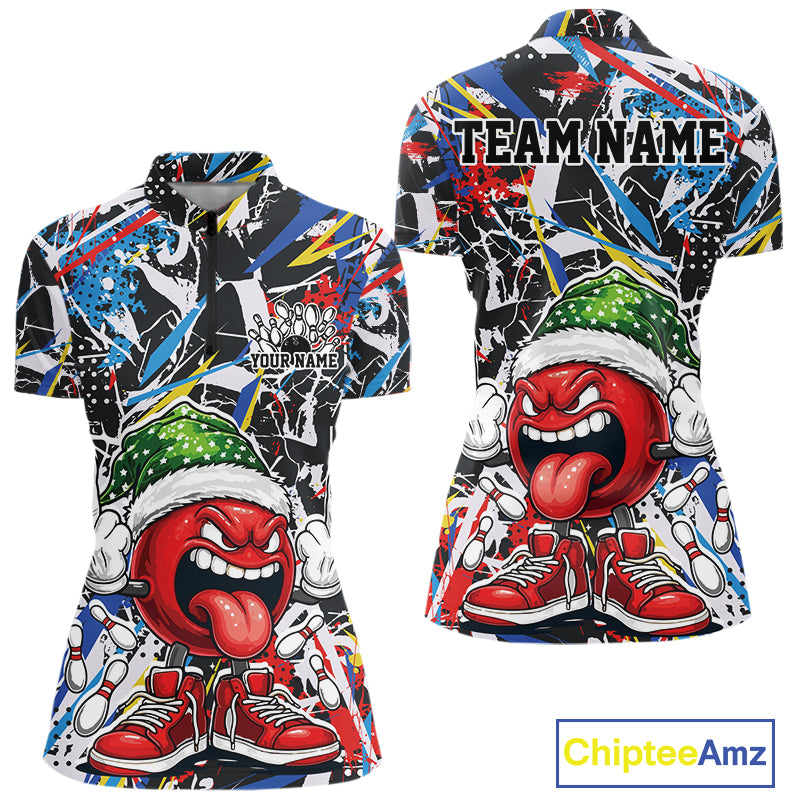 Custom Funny Colorful Christmas Bowling Women Quarter-Zip Shirts, Crazy Ball Xmas Outfit IPHW10133