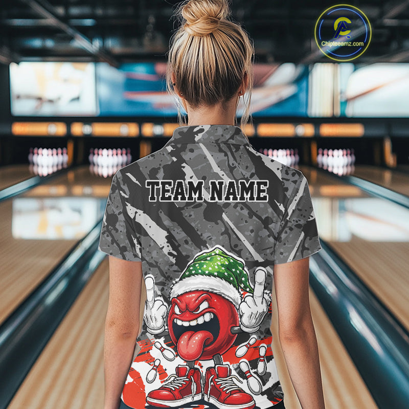 Custom Funny Christmas Bowling Women Polo Shirts, Crazy Bowling Ball Xmas Outfit IPHW10134