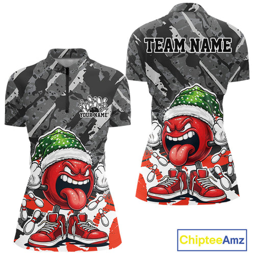 Custom Funny Christmas Bowling Women Quarter-Zip Shirts, Crazy Bowling Ball Xmas Outfit IPHW10134