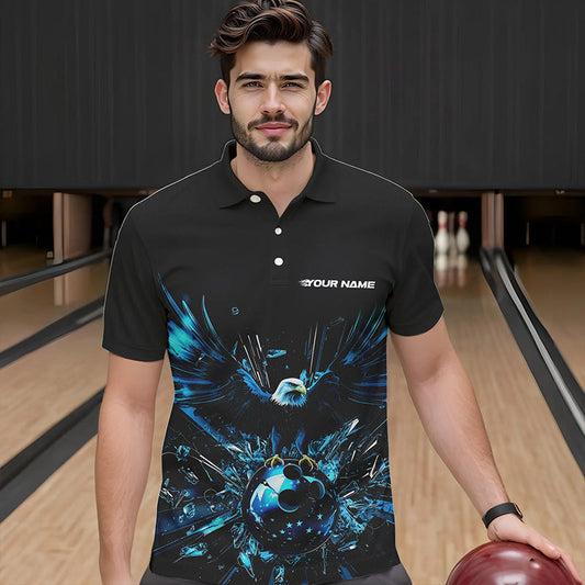 Black And Blue Eagle Break Glass Custom Bowling Polo Shirts For Men, Bowling Team Shirt IPHW8396