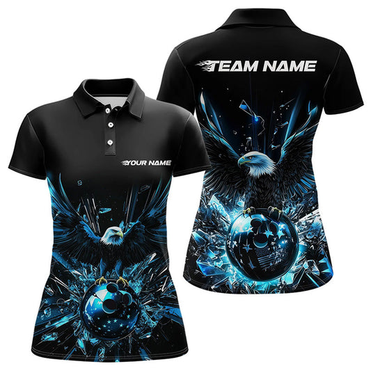 Black And Blue Eagle Break Glass Custom Bowling Polo Shirts For Women, Bowling Team Shirt IPHW8396