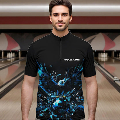 Black And Blue Eagle Break Glass Custom Bowling Quarter-Zip Shirts For Men, Bowling Team Shirt IPHW8396