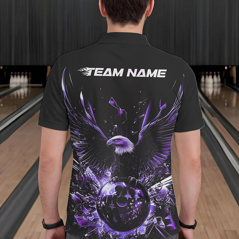 Black And Purple Eagle Break Glass Custom Bowling Polo Shirts For Men, Bowling Team Shirt IPHW8397