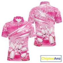 Load image into Gallery viewer, Custom Pink Heart Valentine Bowling Couples Shirt, Heart And Roses Bowling Husband And Wife Gifts With Name IPHW10516