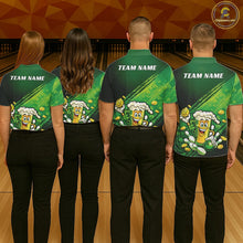 Load image into Gallery viewer, Custom Funny St Patricks Day Beer Bowling Team Shirts, Green Shamrock And Gold Coin Bowling Jerseys IPHW10520
