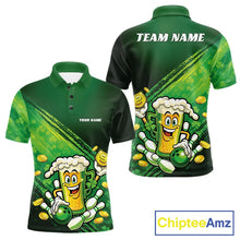 Load image into Gallery viewer, Custom Funny St Patricks Day Beer Bowling Team Shirts, Green Shamrock And Gold Coin Bowling Jerseys IPHW10520
