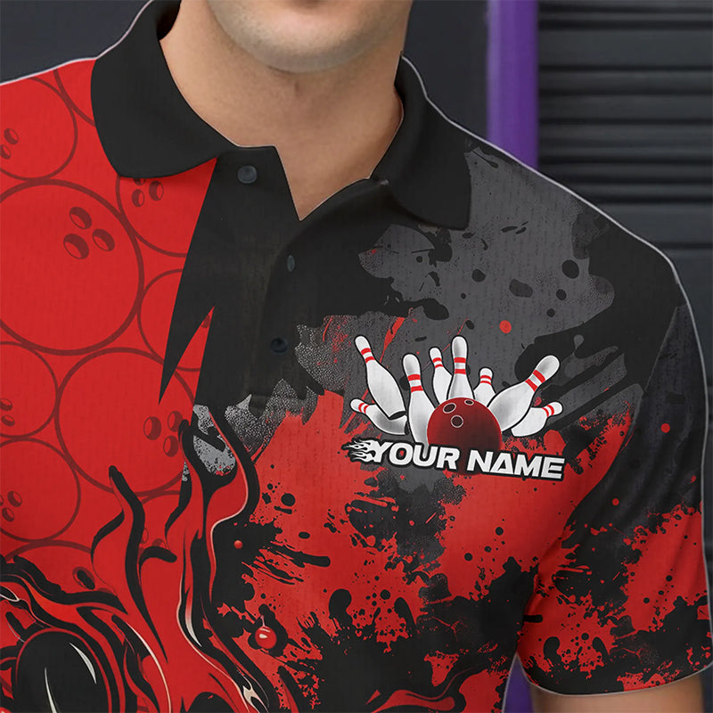 Custom Black And Red Splatter Camo Flame Bowling Polo Shirts For Men, Bowling Team Uniform IPHW8625