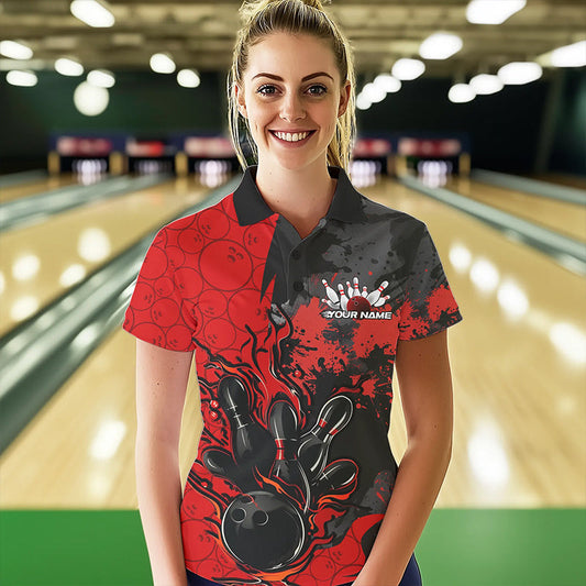 Custom Black And Red Splatter Camo Flame Bowling Polo Shirt For Women, Bowling Team Uniform IPHW8625