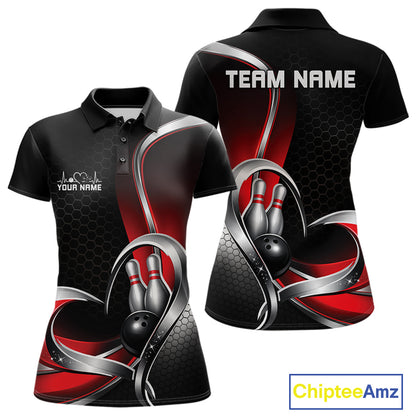 Front and back view of a womens bowling polo shirt mockup in black and red, featuring honeycomb pattern with a heart-shaped bowling ball striking pins.