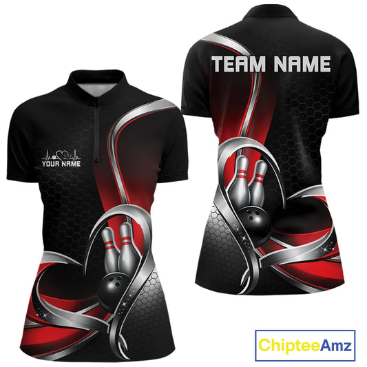 Front and back view of a womens bowling quarter zip shirt mockup in black and red, featuring honeycomb pattern and heart-shaped bowling strike artwork with ball and pins.