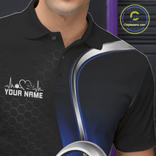 Load image into Gallery viewer, Custom Black And Blue Heart Bowling Men Polo Shirt, Hexagon Bowling Team Jerseys IPHW11307