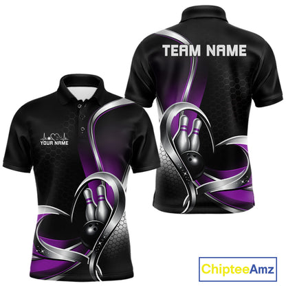 Front and back view of a mens bowling polo shirt mockup in black and purple, featuring a honeycomb pattern with a heart-shaped design around a black bowling ball and pins.