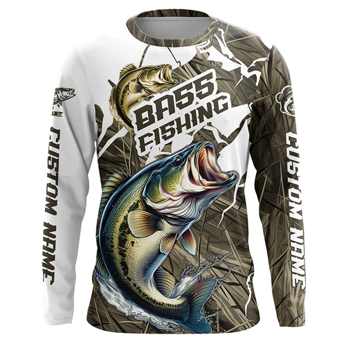 Largemouth Bass Fishing Custom Long Sleeve Tournament Shirts, Camouflage Bass Fishing Jerseys IPHW6625