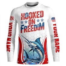 Load image into Gallery viewer, American Flag Marlin Custom Long Sleeve Fishing Shirts, Hooked On Freedom Patriotic Fishing Jerseys IPHW6813