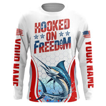 Load image into Gallery viewer, American Flag Marlin Custom Long Sleeve Fishing Shirts, Hooked On Freedom Patriotic Fishing Jerseys IPHW6813