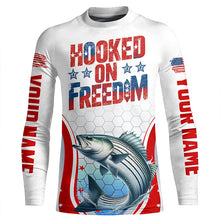 Load image into Gallery viewer, American Flag Striped Bass Custom Long Sleeve Fishing Shirts, Patriotic Fishing Jerseys IPHW6814