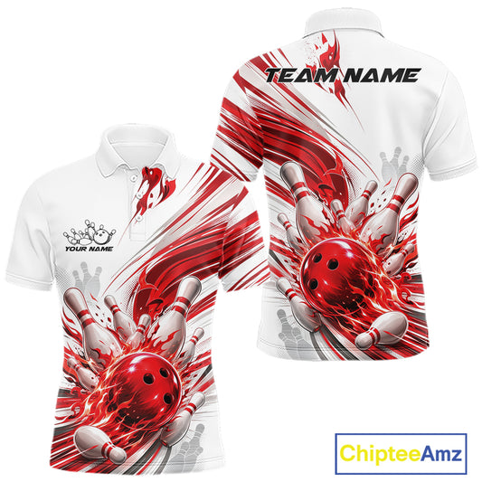 White short-sleeve polo shirt shown from the front and back with a bold red and gray bowling graphic featuring a bowling ball and pins, plus customizable text placeholders 'YOUR NAME' and 'TEAM NAME'.