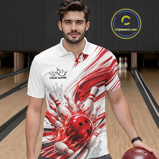 Custom White And Red Flame Bowling Team Jerseys, Bowling League Men Polo Shirt IPHW11642