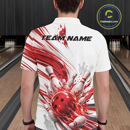 Custom White And Red Flame Bowling Team Jerseys, Bowling League Men Polo Shirt IPHW11642