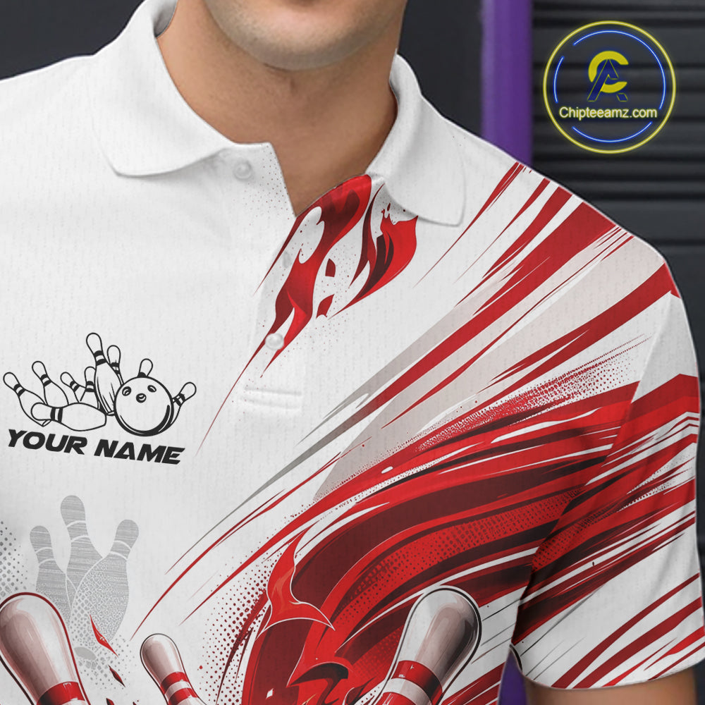 Custom White And Red Flame Bowling Team Jerseys, Bowling League Men Polo Shirt IPHW11642