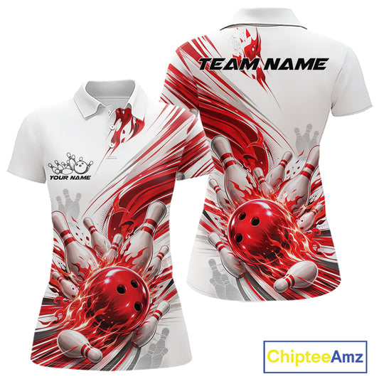 Custom White And Red Flame Bowling Team Jerseys, Bowling League Women Polo Shirt IPHW11642