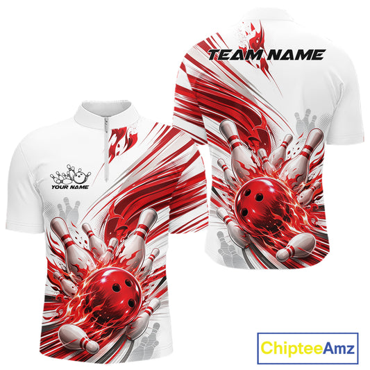 Custom White And Red Flame Bowling Team Jerseys, Bowling League Men Quarter Zip Shirt IPHW11642