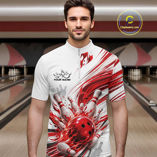 Custom White And Red Flame Bowling Team Jerseys, Bowling League Men Quarter Zip Shirt IPHW11642