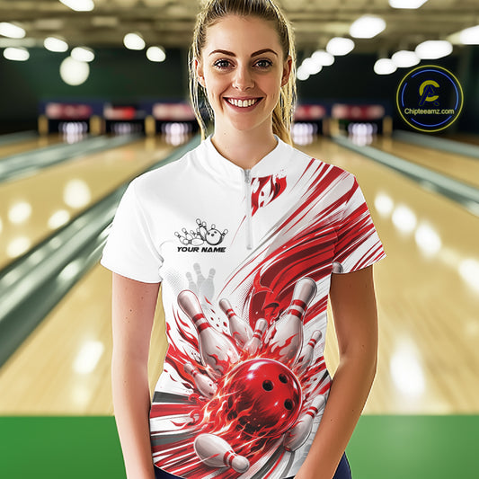 Custom White And Red Flame Bowling Team Jerseys, Bowling League Women Quarter-Zip Shirt IPHW11642