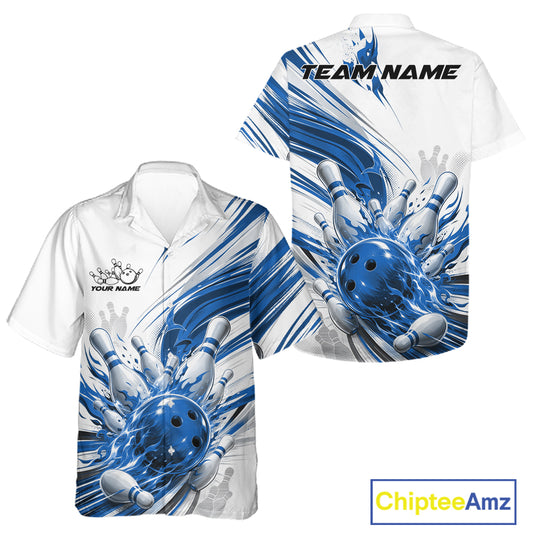 Custom White And Blue Flame Bowling Team Jerseys, Bowling League Men And Women Hawaiian Shirt IPHW11643
