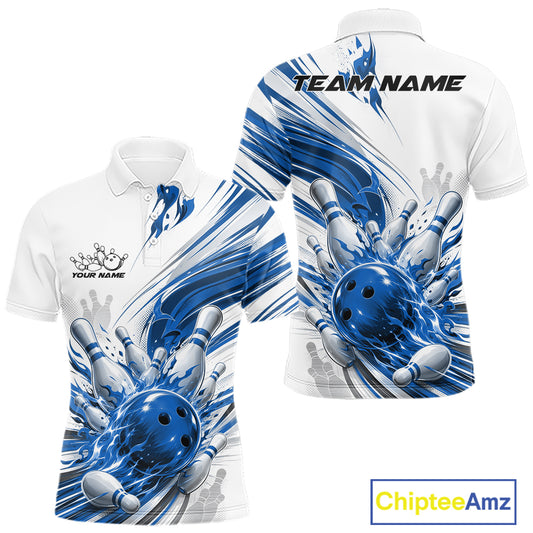 Custom White And Blue Flame Bowling Team Jerseys, Bowling League Men Polo Shirt IPHW11643
