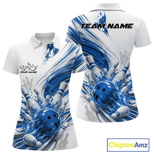 Customizable white short-sleeve polo shirt shown from the front and back, featuring a blue and white bowling graphic with bowling balls and pins, customizable text areas, and a ChipteeAmz logo watermark.
