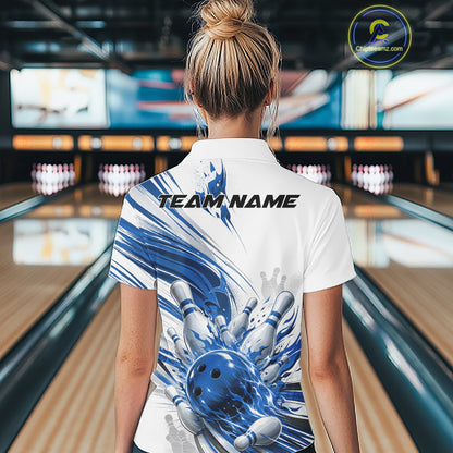 Custom White And Blue Flame Bowling Team Jerseys, Bowling League Women Polo Shirt IPHW11643