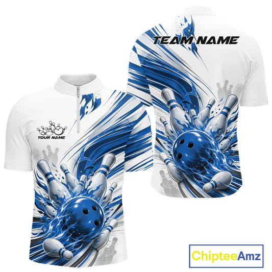 Custom short-sleeve bowling t-shirt shown from the front and back, featuring a dynamic blue and white graphic of bowling pins and a bowling ball with customizable text areas.