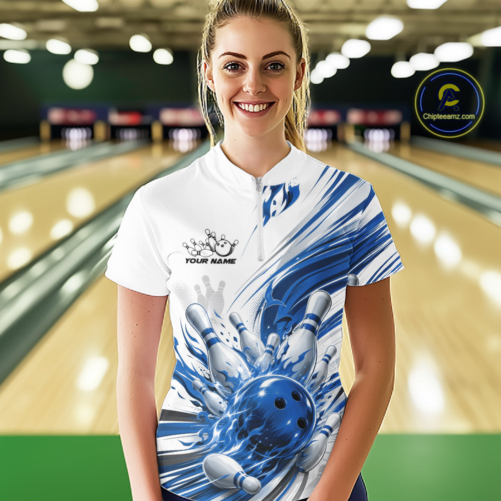 Custom White And Blue Flame Bowling Team Jerseys, Bowling League Women Quarter-Zip Shirt IPHW11643