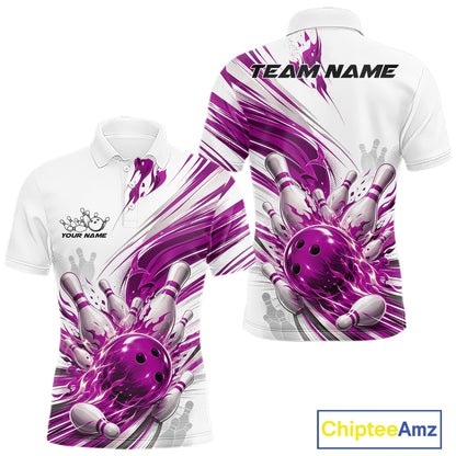 Custom White And Purple Flame Bowling Team Jerseys, Bowling League Men Polo Shirt IPHW11644