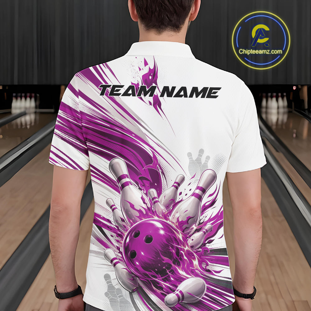 Custom White And Purple Flame Bowling Team Jerseys, Bowling League Men Polo Shirt IPHW11644