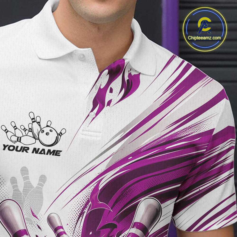 Custom White And Purple Flame Bowling Team Jerseys, Bowling League Men Polo Shirt IPHW11644