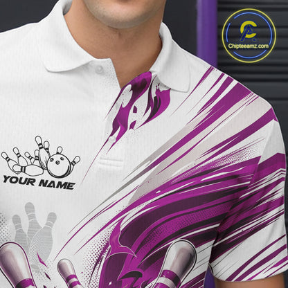 Custom White And Purple Flame Bowling Team Jerseys, Bowling League Men Polo Shirt IPHW11644