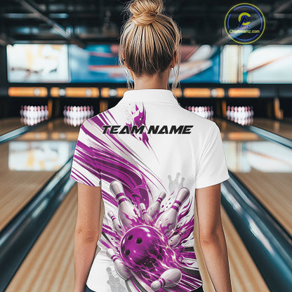 Custom White And Purple Flame Bowling Jerseys, Bowling League Women Quarter-Zip Shirt IPHW11644