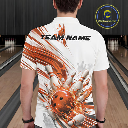Custom White And Orange Flame Bowling Team Jerseys, Bowling League Men Polo Shirt IPHW11645